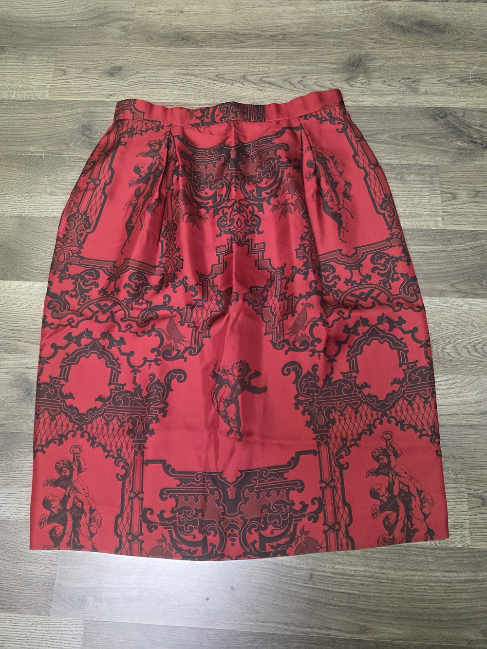 Evan Picone Red Silk Pencil Skirt with Black Baroque Print